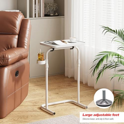 TUTOTAK C Shaped End Table with Tiltable Surface, Adjustable Height Side Table, Slide Under Couch Table TV Tray for Eating, Sofa Tray for Livingroom, Bedroom White TB01BW091 - color: White