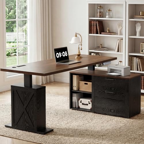 67" L Shaped Standing Desk with Drawers, Electric Height Adjustable Corner Desk, Sit Stand Office Desk with 4 AC Outlets & Type C Port, Executive Computer Desk with Cabinet, Brown & Black