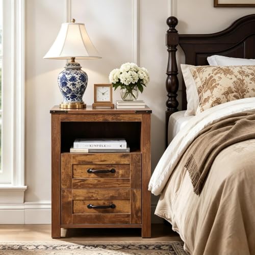 Farmhouse Nightstand with Charging Station, Bedside Table with 2 Drawers Storage, Farmhouse Night Stand with Open Shelf, End Table for Bedroom, Brown - color: Brown, size: 1pcs with Charging