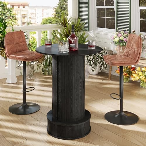 Round Bar Table with 2-Tier Hidden Storage, 38.1" H Wood High Top Table, Bistro Pub Table with Footrest, Cocktail Tables for Coffee Bar, Kitchen Dining Room, Small Space (Black) - color: Black