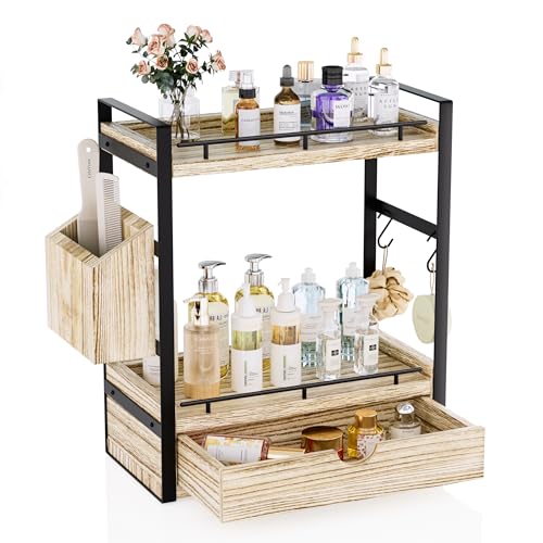 2-Tier Wood Bathroom Counter Organizer, Countertop Organizer with Drawer and Storage Basket, Bathroom Sink Organizer for Vanity, Skincare, Makeup, and Daily Essentials (Light Brown) - color: Light Brown