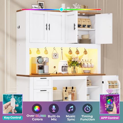 Itaar 71" Pantry Cabinet with Charging Station and LED Light, Kitchen Pantry Cabinet with Microwave Stand, 47.2" Wide Kitchen Storage Cabinets with Storage Cart 3 Tier for Dining Room, White - color: White