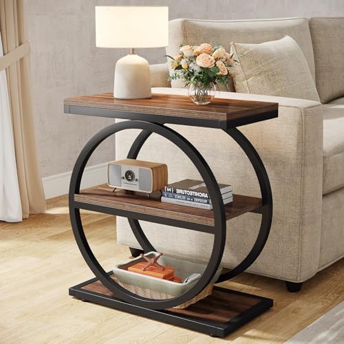 Tribesigns End Table, Narrow End Table with 3 Storage Shelves, Wood Side Table with Black Metal Frames, Industrial Small Sofa Side Table for Living Room, Slim Nightstand and Bedside Table for Bedroom - color: Brown