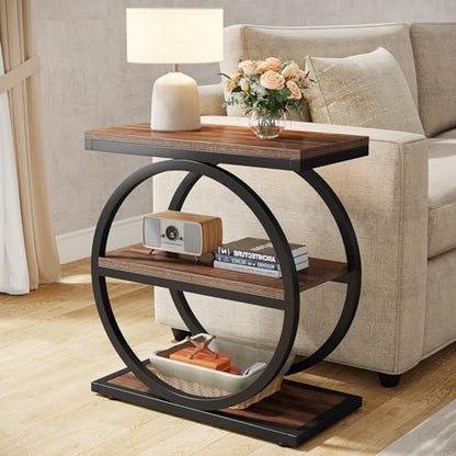 Tribesigns End Table, Narrow End Table with 3 Storage Shelves, Wood Side Table with Black Metal Frames, Industrial Small Sofa Side Table for Living Room, Slim Nightstand and Bedside Table for Bedroom - color: Brown