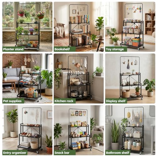 Foldable 4-Tier Plant Stand Indoor Outdoor Hanging Plant Shelf No Assembly Required Pot Placement Area With Wheels Sturdy Fall Prevention Storage Shelf Flower Pot Stand