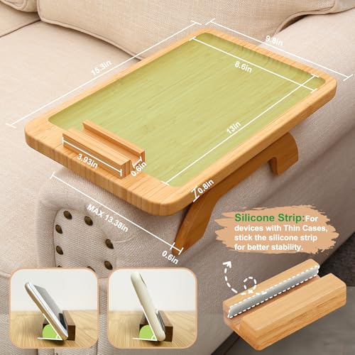 SINWANT Couch Arm Tray,Bamboo Sofa Clip on Side Table,Foldable Couch Armrest Table with 360°Rotating Phone Holder,Anti Slip Food Trays for Eating/Drinks/Snacks/Remotes 15.35" x 9.85" - color: Natural
