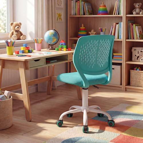Costzon Kids Desk Chair, Armless Height Adjustable Kids Computer Chair w/Elastic Sponge Filling, Ergonomic Backrest & Stable 5-Point Wheels, Children Rolling Swivel Chair for Studyroom (Turquoise) - color: Turquoise