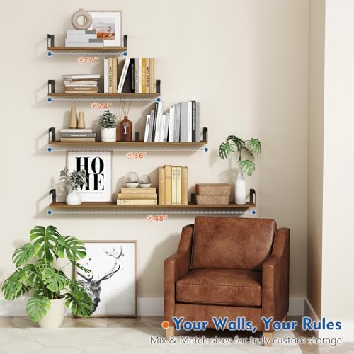Harwaya Floating Book Shelves for Wall Set of 3, 17 x 8 Inch Deep Wooden Wall Bookshelf for Bedroom Office, Rustic Wood Hanging Wall Shelves for Living Room Kitchen (Dark Brown) - color: Rustic Brown
