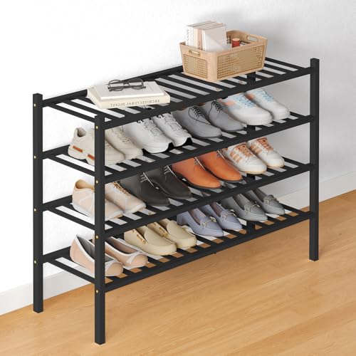 Smiry Bamboo Shoe Rack for Closet, 4 Tier Long Wooden Shoe Organizer, Stackable Wood Shoe Storage Shelf for Entryway, 14 Vertical Slats, 2+2 Stack Heavy-Duty Legs, 33.86"x11.02"x25.98", Black - color: Black, size: 4 Tier - Long