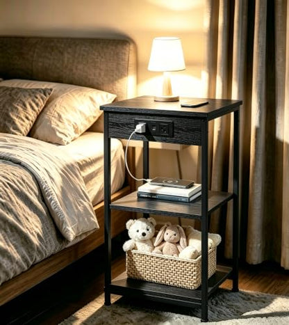 WLIVE Black End Table with Charging Station, Slim Night Stand with 3 Storage Shelves, Small Side Tables for Small Spaces, Bedside Tables for Living Room, Bedroom | Side Tables with Storage Adjustable Shelf for Small Spaces; Bedside Tables for Living Room,