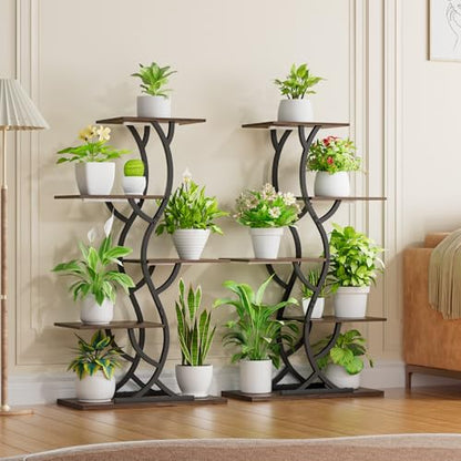 Plant Stand Indoor with Grow Lights - 5 Tiered Corner Plant Shelves (Brown) | 44" Tall Metal Plant Shelf, S-Shape Lighted Flower Holder Dispaly Rack for Living Room, Home, Patio, Balcony