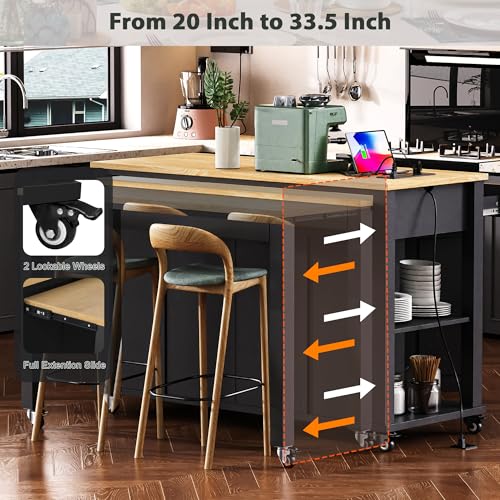47 Extendable Countertop Coffee Station, Kitchen Storage Cabinets with Power Outlet, Kitchen Island Table with Rubber Wood Veneer for Kitchen use, Black - color: Black