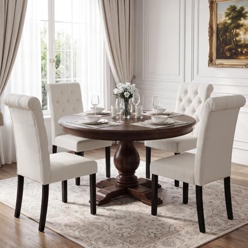 LSSBOUGHT Upholstered Dining Chairs Set of 4,Tufted Parsons Kitchen Chair with Solid Wood Legs, Modern Towel Fabric Side Chair for Dining Room/Restaurant(4pcs,Beige) - color: Beige-fabric, size: Set of 4