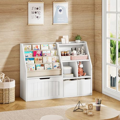 CHOEZON Kids Bookshelf, Children's Bookcase with 4 Sling Book Shelves, Toy Storage Cubby, Fabric Storage Baskets, Wooden Book Shelf for Kids' Room, Playroom, Nursery, Living Rooms, White MCW17WB - color: White