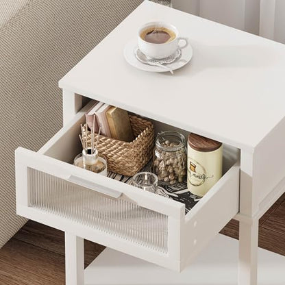 Nightstand Wooden Bedside Table with Drawer White Night Stands Modern Style Small End Table Side Table with Storage Shelf for Bedroom Living Room MLBZ10W - color: White