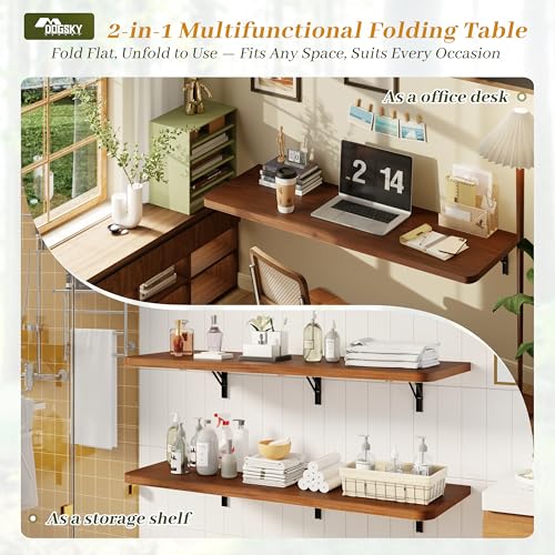 Dogsky 48" x 16" Floating Wall Desk, Fold Down Wall Table - 300 lbs Heavy Duty Solid Pine Wall Mount Folding Desk for Home Office, Laundry Room, Kitchen & Small Apartment, Walnut - color: Walnut, size: 48'' x 15.7'' x 8.3''