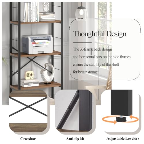 FOLUBAN 5 Tier Tall Bookshelf, Industrial Bookshelves and Bookcases, Modern Rustic Wood and Metal Book Shelf for Bedroom, Living Room and Home Office, Oak - color: Oak, size: 5-Tier