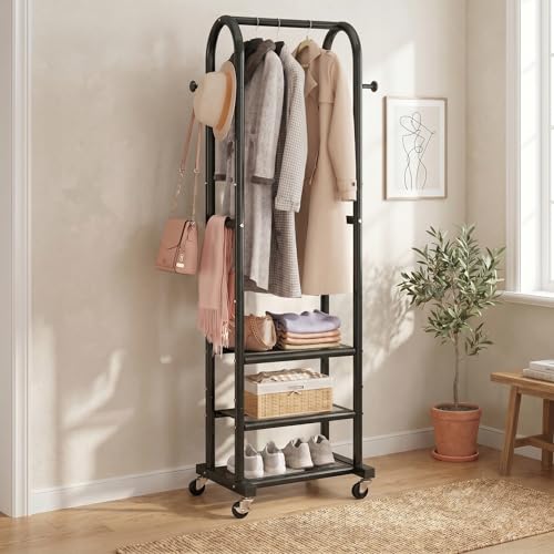 Dttwacoyh Clothing Rack with Wheels,Narrow Metal Garment Rack,Black | Easy to install, 71.8 Inches Display Rack with 4 Side Hooks & 3 Shelves,for Small Flats, Bedroom, Entryway,Black Clothes Rack - color: Black