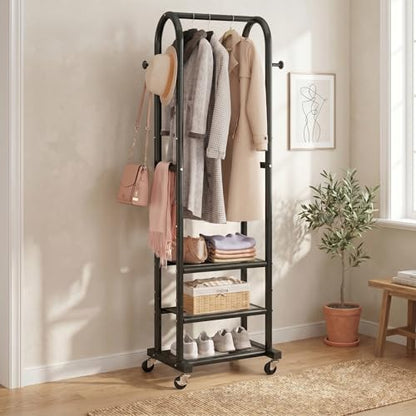 Dttwacoyh Clothing Rack with Wheels,Narrow Metal Garment Rack,Black | Easy to install, 71.8 Inches Display Rack with 4 Side Hooks & 3 Shelves,for Small Flats, Bedroom, Entryway,Black Clothes Rack - color: Black