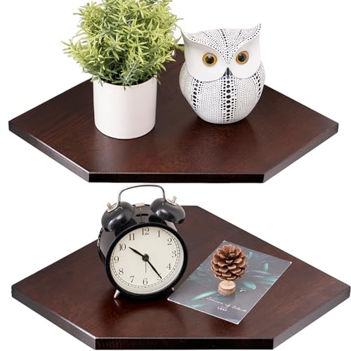 Corner Shelf Wall Mount, Set of 2 Solid Oak Wood Floating Corner Shelves with Wire Hole Display Shelf with Wire Hole Small Plant Display for Kitchen Living Room Bedroom - color: Dark Walnut, size: 8.5inch(2PCS)