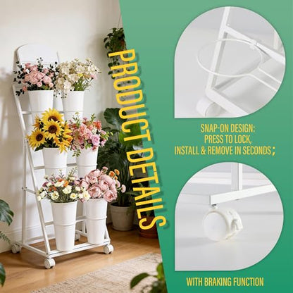 Flower display stand, three tiers with six vases, suitable for flower bars and indoor/outdoor celebrations. The flower cart display stand comes with a chalkboard and wheels (white). - color: White