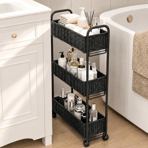 FOCHIER F Utility Slim Storage Cart,3-Tier Rolling Kitchen Office Laundry Room Cart,Mobile Shelving Unit Organizer for Living Room Bathroom Baby Diaper Narrow Places (Black, 3 Tiers-7.1 inch (W)) - color: Black, size: 3 Tiers-7.1 inch (W)