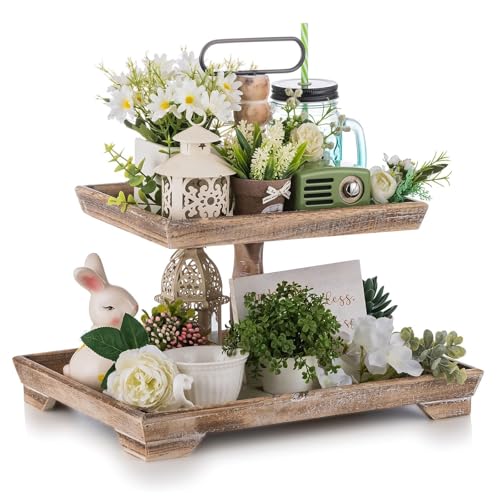 Hanobe 2 Tiered Decorative Tray Stand for Coastal Coffee Table Decor | Large Farmhouse Display Stands for Seasons - Wood for Kitchen Counter Decorations - color: Brown