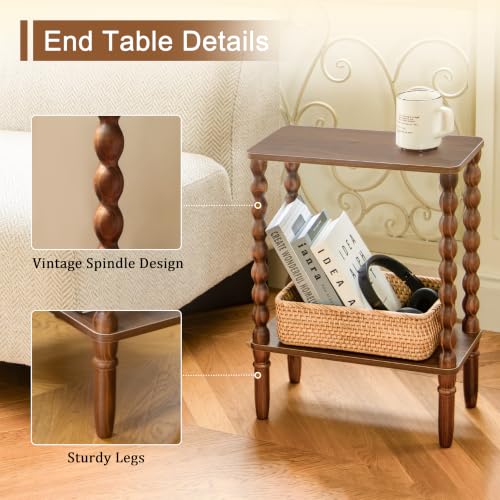 Fultyle Small Narrow Side Table, Skinny End Table Living Room with 2-Tier Storage, Narrow Accent Table Slim Nightstand for Small Spaces, Office, Bedroom (Walnut Brown) - color: Walnut Brown