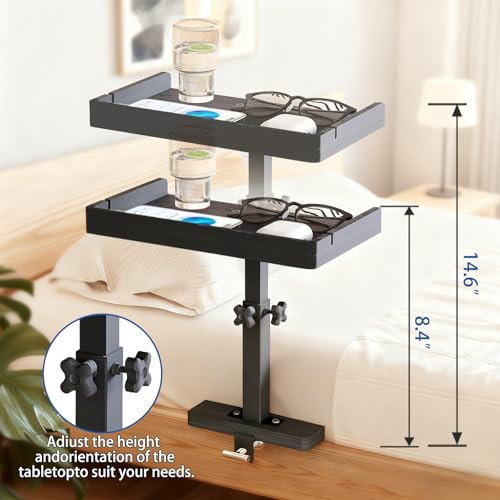 Bedside Shelf for Bed Frame, Clamp On Bedside Table Organizer, Dorm Room Nightstand Alternative for Phone, Glasses, Laptop, Books, Small Storage Tray for Bunk Bed College Dorm (Black)