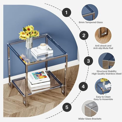 2 Tier Square End Table Side Table with Tempered Glass Top and Silver Stainless Steel Frame Modern Night Stand for Small Spaces Side Table with Storage for Living Room Bedroom - color: Silver, style: Style 1