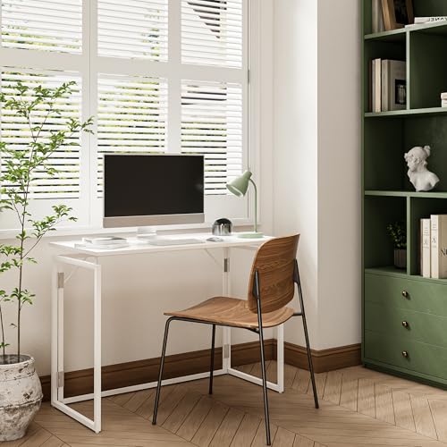 31.5" Folding Desk: No Assembly, Wood Top for Small Spaces | Home office desk, holds 150 lbs, folds flat to 2.3 in, splash-proof wood top, sturdy metal frame - color: White, size: 31.5"W x 15.7"D