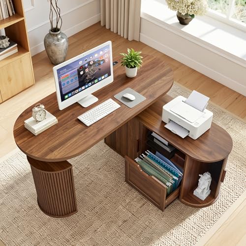55" L Shaped Standing Desk with Storage, Oval Electric Desk Height Adjustable Executive Desk with File Drawer, Fluted Wood Desk Office Sit Stand up Desk for Work, Study, Writing, Walnut - color: 55'' L Shape Walnut