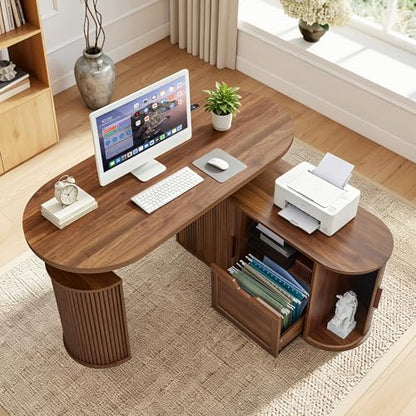 55" L Shaped Standing Desk with Storage, Oval Electric Desk Height Adjustable Executive Desk with File Drawer, Fluted Wood Desk Office Sit Stand up Desk for Work, Study, Writing, Walnut - color: 55'' L Shape Walnut