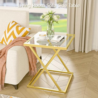 Square End Table with Tempered Glass Top, Stylish X-Shaped Metal Frame, Living Room Coffee Table, Sofa Side Table, Accent Tables for Small Spaces, Modern Bedside Table for Bedroom (Gold) - color: Gold, style: Style 3