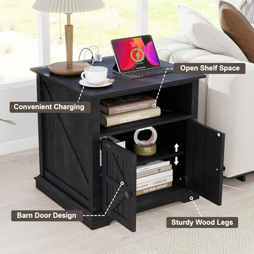 MUUEGM Black End Table Living Room Set of 2 Large Farmhouse Nightstand Sofa Side Table with Charging Station Rustic Wood Square Bedside with Barn Door Rustic Wood with Storage for Living Room,Bedroom - color: Matte Set 2