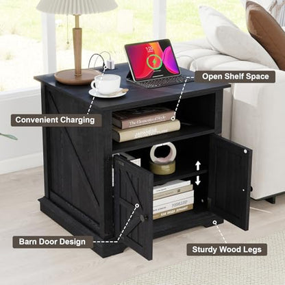 MUUEGM Black End Table Living Room Set of 2 Large Farmhouse Nightstand Sofa Side Table with Charging Station Rustic Wood Square Bedside with Barn Door Rustic Wood with Storage for Living Room,Bedroom - color: Matte Set 2