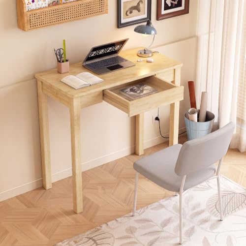100% Solid Wood 32 x 16 in Small Desk with Drawers | Mid Century Modern Narrow Desk Vintage Small Writing Wooden Desks for Small Spaces Bedroom, Living Room, Office - color: Natural, size: 31.5" x 15.7"