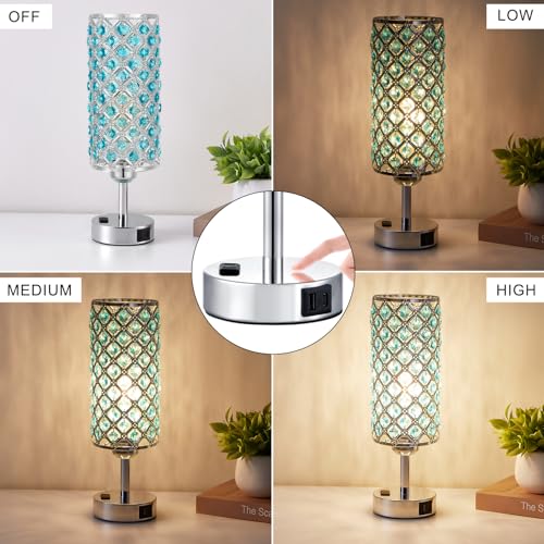Hong-in Blue Crystal Lamp Touch Control Set of 2, Crystal Table Lamps with USB C+A Ports & AC Outlet, 3-Way Dimmable Nightstand Touch Lamp, Modern Bedside Table Lamp for Bedroom(Bulbs Included) - color: Blue