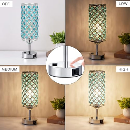 Hong-in Blue Crystal Lamp Touch Control Set of 2, Crystal Table Lamps with USB C+A Ports & AC Outlet, 3-Way Dimmable Nightstand Touch Lamp, Modern Bedside Table Lamp for Bedroom(Bulbs Included) - color: Blue