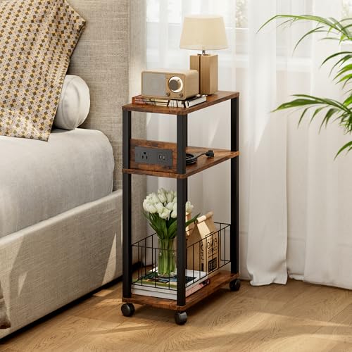DGSANDGO Narrow Rolling Side Table with Charging Station (Outlets/USB Ports) & Storage Basket - Small Space End Table for Living Room Bedroom Office (Rustic Brown) - color: Rustic Brown, size: Basket Narrow-24.4"H 1 PC