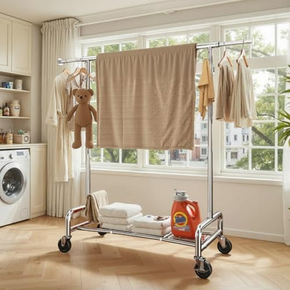 Raybee 75"Wide Clothes Rack with 4 Extra Hooks Sturdy Rolling Clothing Rack | 450LBS Capacity, Stainless Steel, Extendable Hanging Rod, 360° Lockable Wheels, Height Adjustable, 15-Min Tool-free Assembly - color: Chrome, style: Rod Shelf
