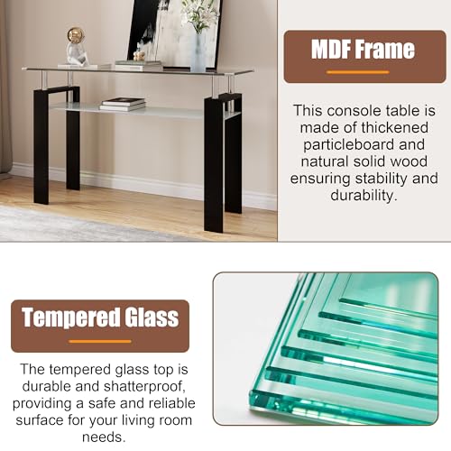 47" 2-Tier Console Table with Tempered Glass Top and MDF Frame, Modern Black Rectangular Glass Entryway Table for Living Room, Apartment, Office, Easy to Assemble - color: Black, size: Console Table