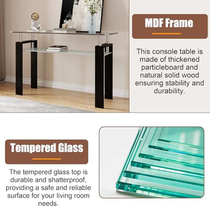 47" 2-Tier Console Table with Tempered Glass Top and MDF Frame, Modern Black Rectangular Glass Entryway Table for Living Room, Apartment, Office, Easy to Assemble - color: Black, size: Console Table