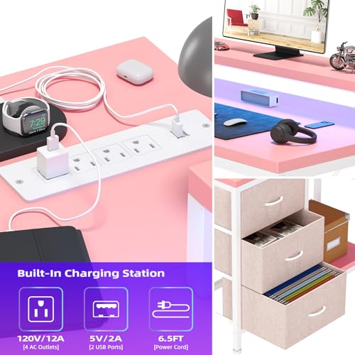 Patikuin L Shaped Desk with Power Outlets & LED Lights, Computer Desk with Drawers & Shelves, Corner Desk Gaming Desk Home Office Desk,Pink - color: Pink
