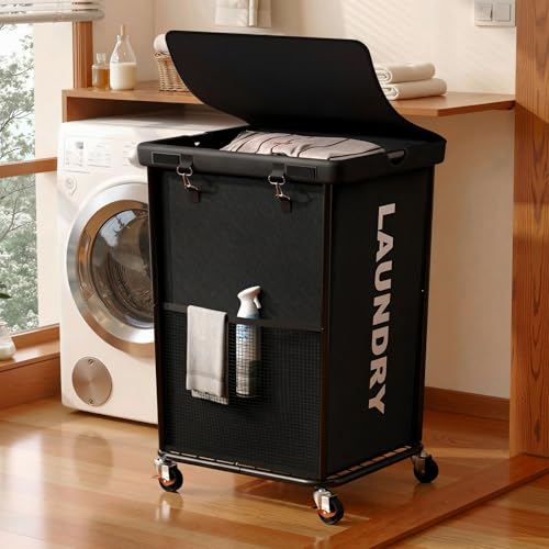 Laundry Hamper with Wheels and Lid, 150L Heavy Duty Rolling Laundry Basket, 88 lbs Capacity, Removable Inner Bag, Clothes Storage Organizer for Bedroom Bathroom Dorm, Black - color: Black, size: 150L