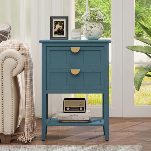 vistavie 22" Blue End Table with 2 Drawers and Open Shelf, Accent Side Table with Storage, Gold Handles and Solid Wood Legs for Living Room, Sofa Side - color: Blue Set of 1