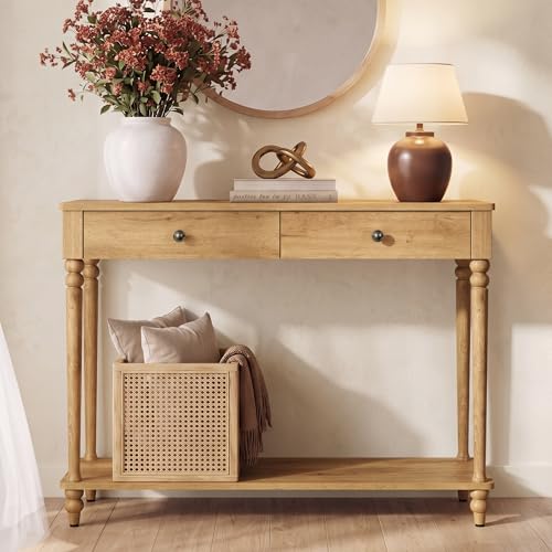 VASAGLE Mariel Collection - Console Table, Narrow Entryway Sofa Table with Drawers and Shelf, Solid Wood Legs, Mid-Century Modern, for Hallway Doorway Living Room, Natural Brown ULNT139K301S - color: Natural Brown