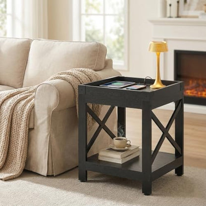 Farmhouse Side Table with Charging Station,2-Tier Square End Table | 2-Tier Shelf Modern Sofa Couch Table Bedside Nightstand With X-Frame for Living Room Bedroom Office Small spaces,Black - color: Black, style: With Outlets