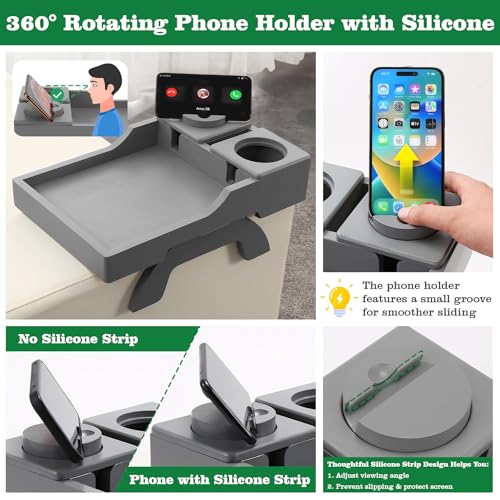 GHKINMAL Couch Cup Holder, 4-in-1 Side Couch Arm Tray with Phone Holder, Sofa Clip on Side Table for Wide Couches Arm, Suitable for Home Drinks/Remote/Snacks-Grey - color: Gray