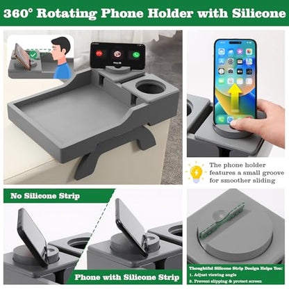 GHKINMAL Couch Cup Holder, 4-in-1 Side Couch Arm Tray with Phone Holder, Sofa Clip on Side Table for Wide Couches Arm, Suitable for Home Drinks/Remote/Snacks-Grey - color: Gray
